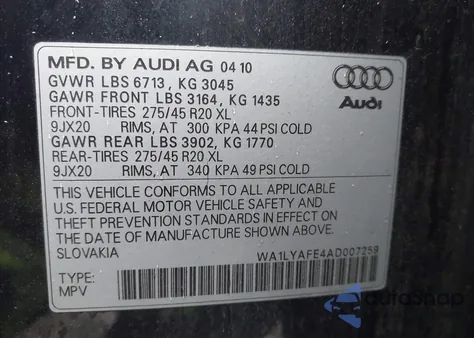2010 Audi Q7 3.6 Premium из США, поврежденный, VIN WA1LYAFE4AD007259